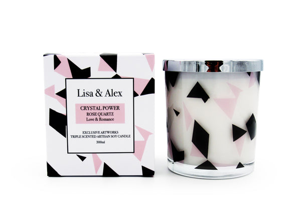 Lisa & Alex Hand Poured Pure Natural Soy Candle with Crystals ROSE QUARTZ 300g